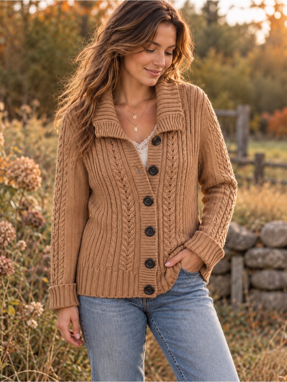 Sweet Romeo Cotton Cable Knit Cardigan Sweater | Classic Cozy Neutral